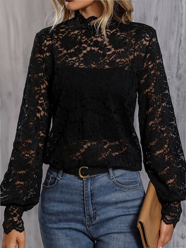 Mock Neck Lace Blouse | Woman's Semi-Sheer Polyester Top With long Sleeves