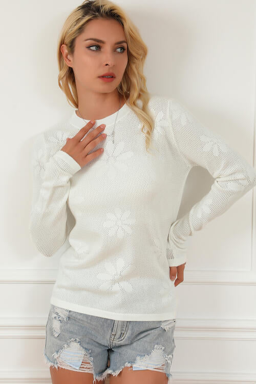 Floral Eyelet Round Neck Long Sleeve Knit Top | Casual Top With Long Sleeves