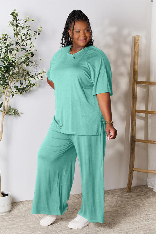 Double Take Full Size Round Neck Slit Top and Pants Set | Solid Stretchy Set