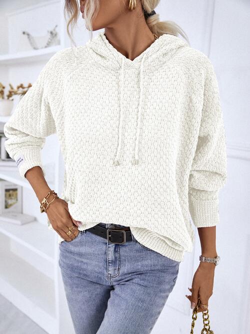 Texture Drawstring Long Sleeve Hooded Sweater | Solid Sweater With Ribbed Cuffs