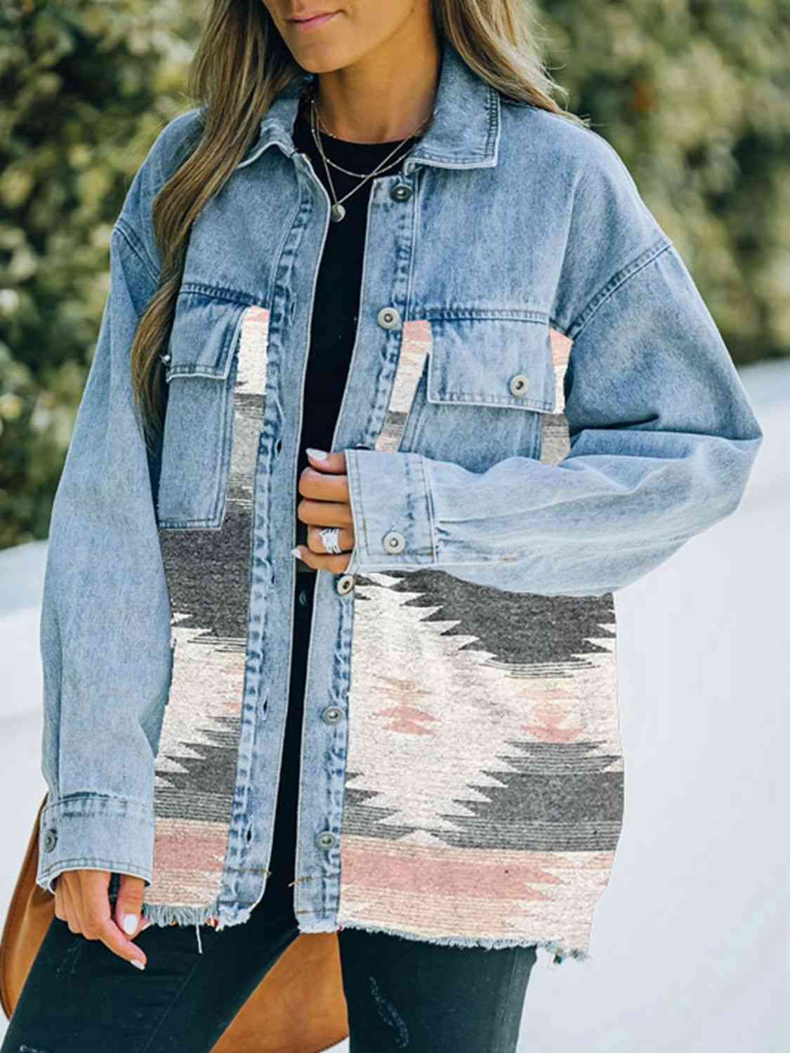 Collared Neck Dropped Shoulder Denim Jacket | Buttoned Jacket With Pockets