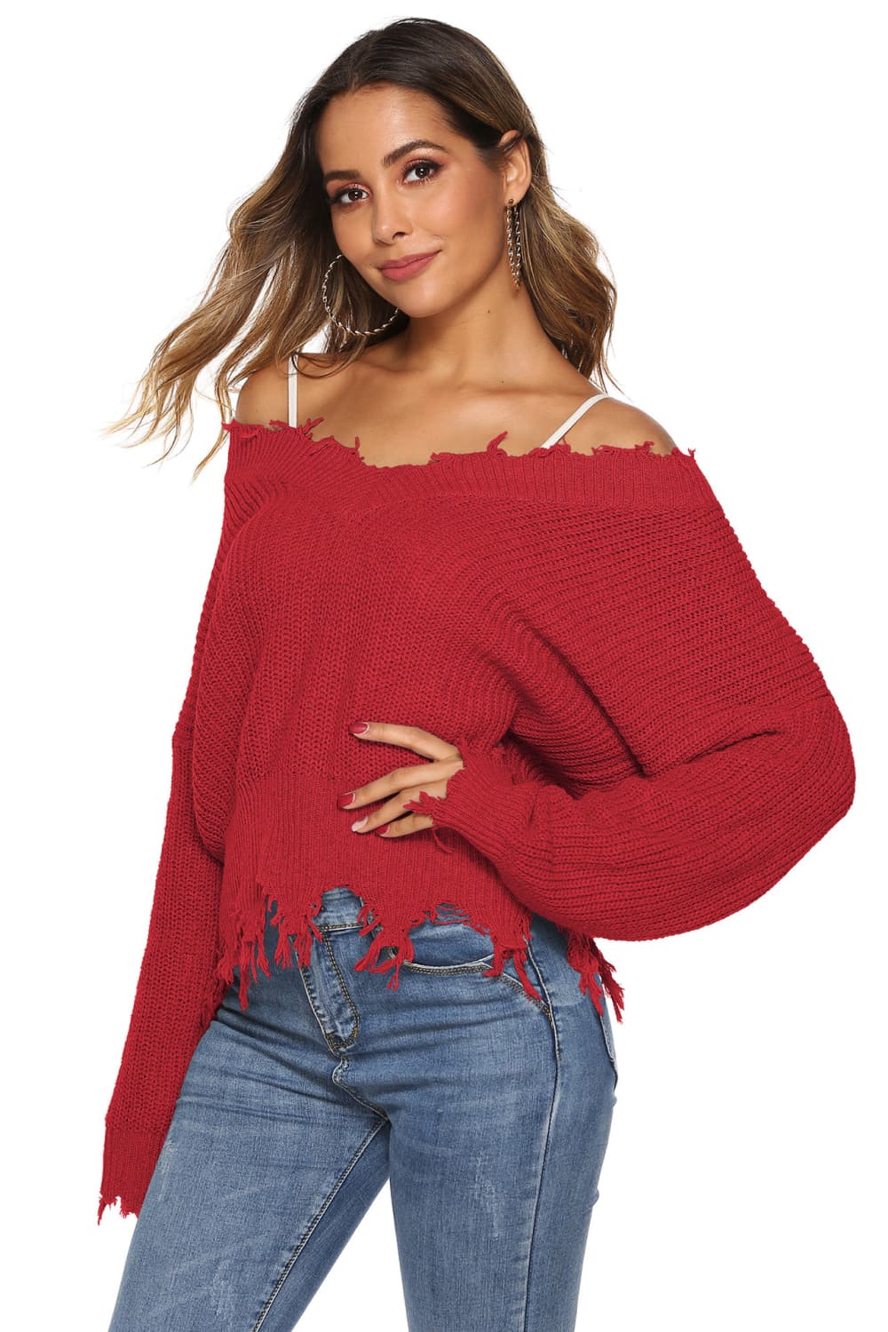Off-Shoulder Ribbed Long Sleeve Raw Hem Sweater | Casual Polyester Sweater