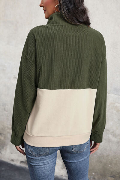 Ribbed Color Block Half Button Sweatshirt | Mock Neck Long Sleeves Sweatshirt