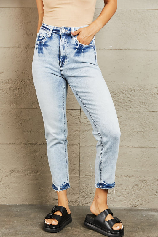 BAYEAS High Waisted Accent Skinny Jeans | Cropped Chic Jeans With Wash Accent