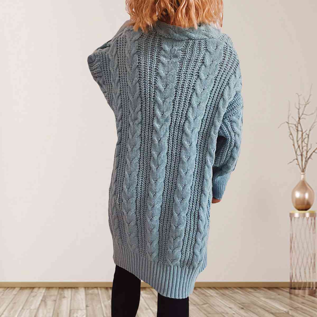 Cable-Knit Open Front Dropped Shoulder Cardigan | Warm Cardigan With Ribbed Hem