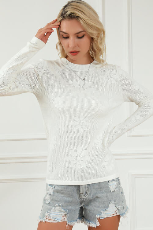 Floral Eyelet Round Neck Long Sleeve Knit Top | Casual Top With Long Sleeves