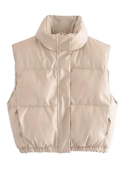 PU Leather Zip Up Drawstring Vest | Solid Polyester Vest With High Neckline