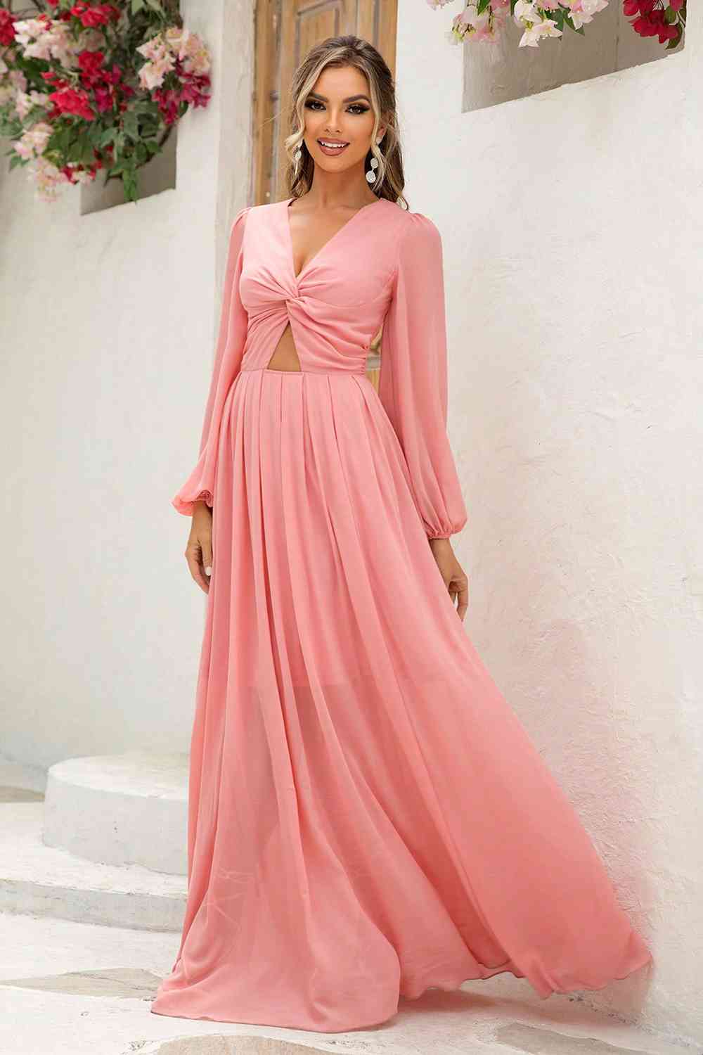 Twist Front Cutout Long Sleeve Dress | Formal Maxi Solid Polyester Dress