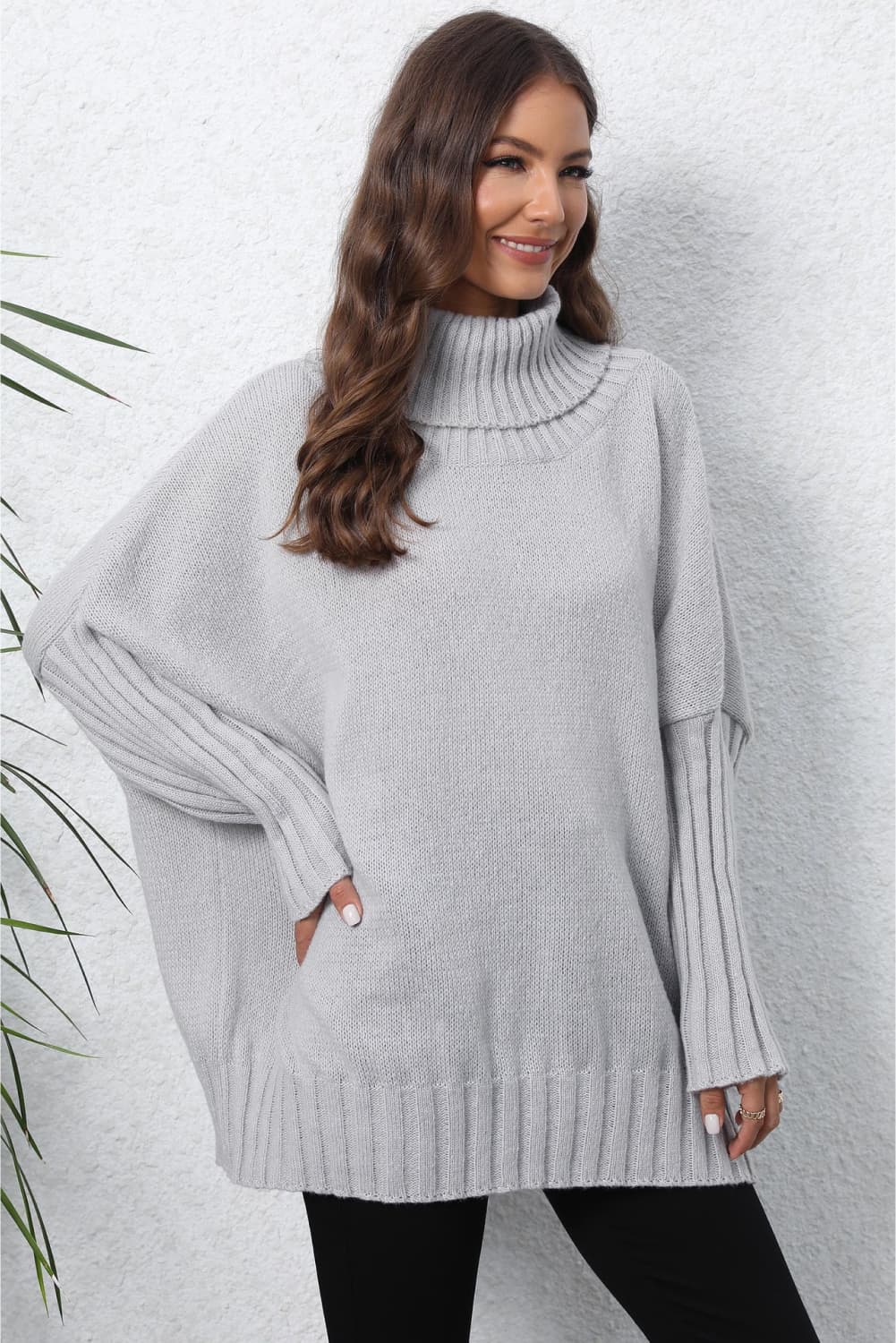 Turtle Neck Long Sleeve Ribbed Sweater | Casual Dolman Sleeve Ribbed Hem Sweater