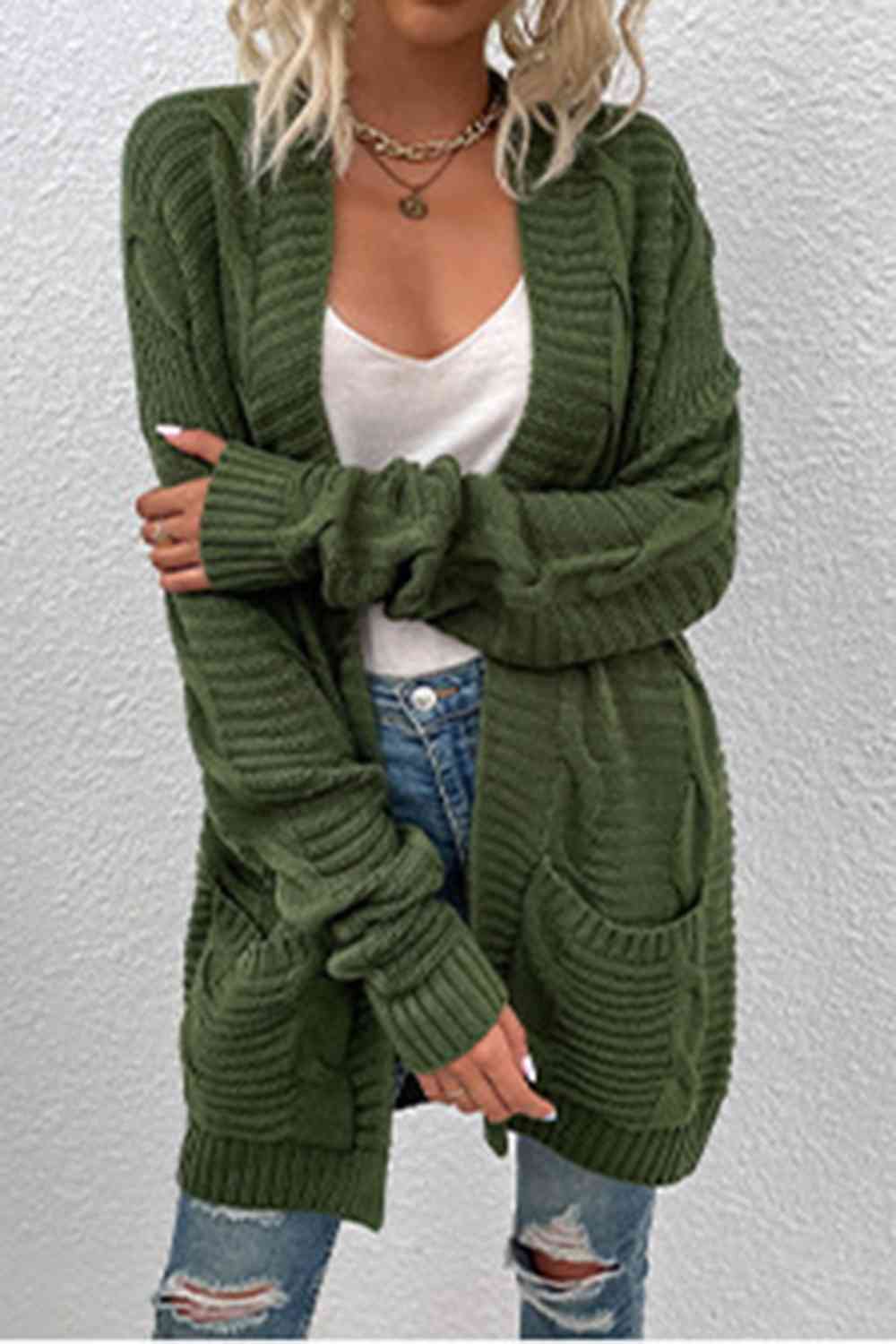 Cable-Knit Open Front Cardigan with Pockets | Casual Ribbed Polyester Cardigan