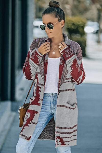 Geometric Open Front Pocketed Cardigan | Acrylic Cardigan With Single Button
