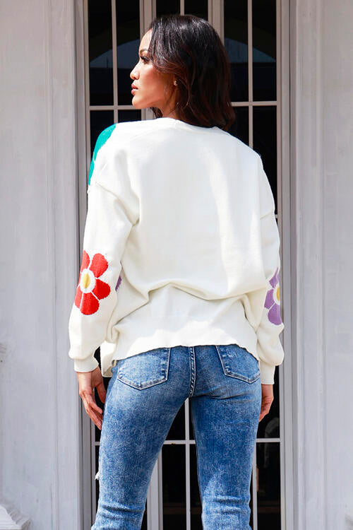 Flower Pattern Open Front Long Sleeve Cardigan | Cardigan With Cuffed Sleeves