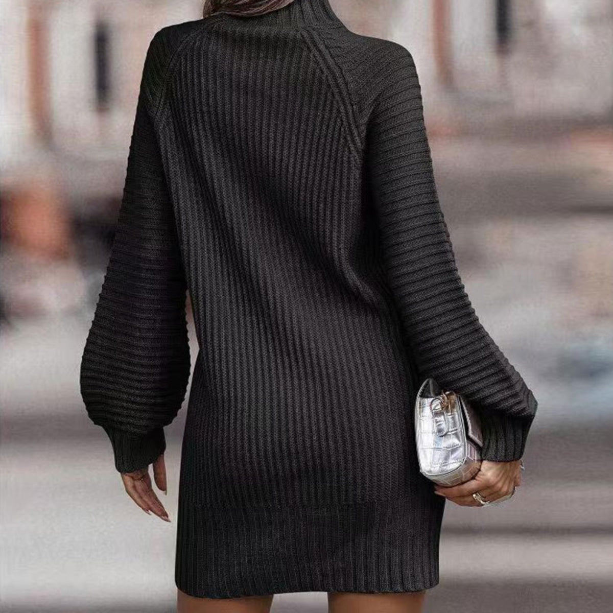 Mock Neck Lantern Sleeve Sweater Dress | Casual Polyester Mini Sweater Dress