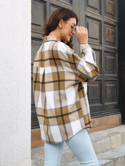 Plaid Button Up Collared Neck Long Sleeve Shirt | Pocketed Polyester Jacket