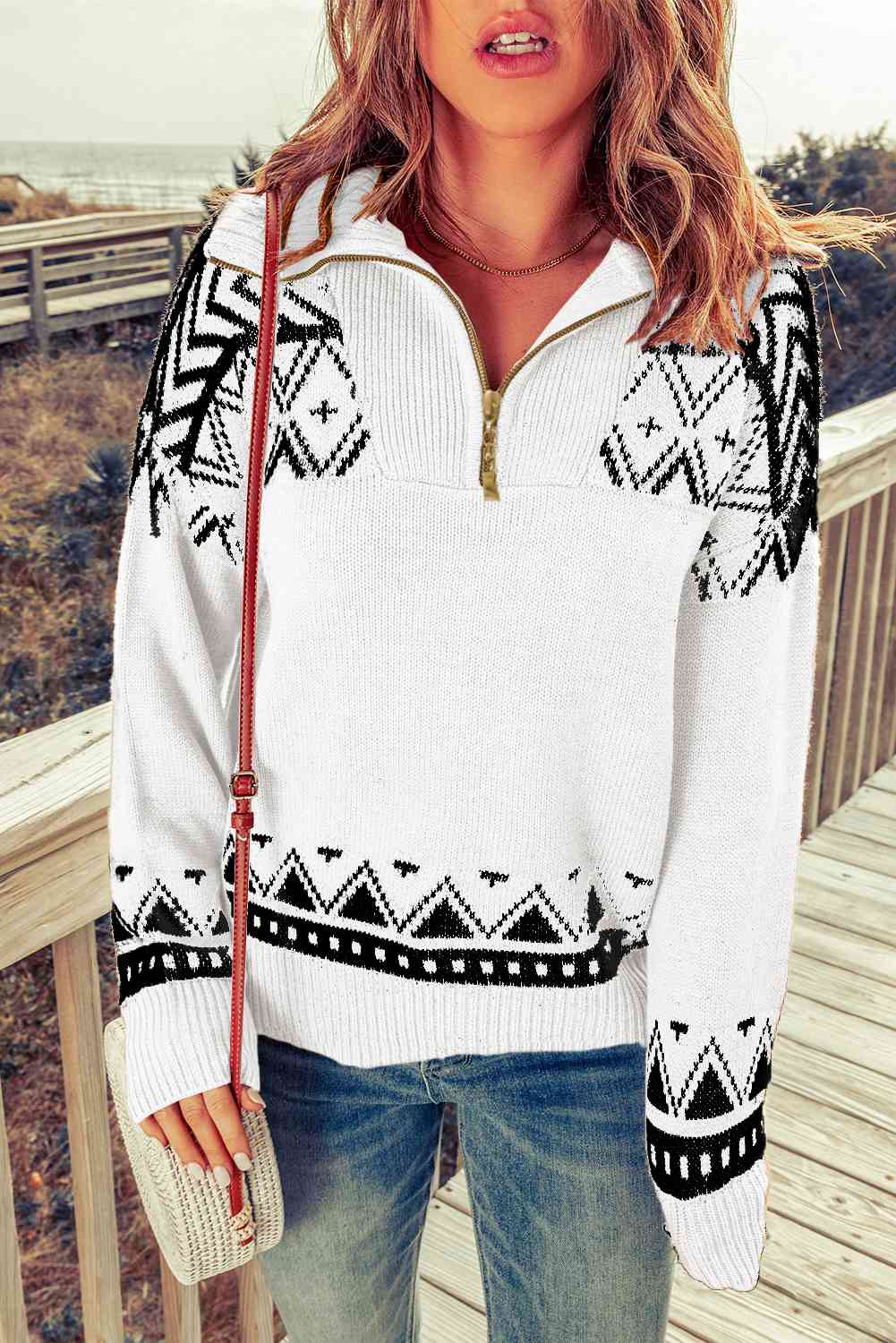 Zip-Up Mock Neck Dropped Shoulder Pullover Sweater | Casual Printed Sweater