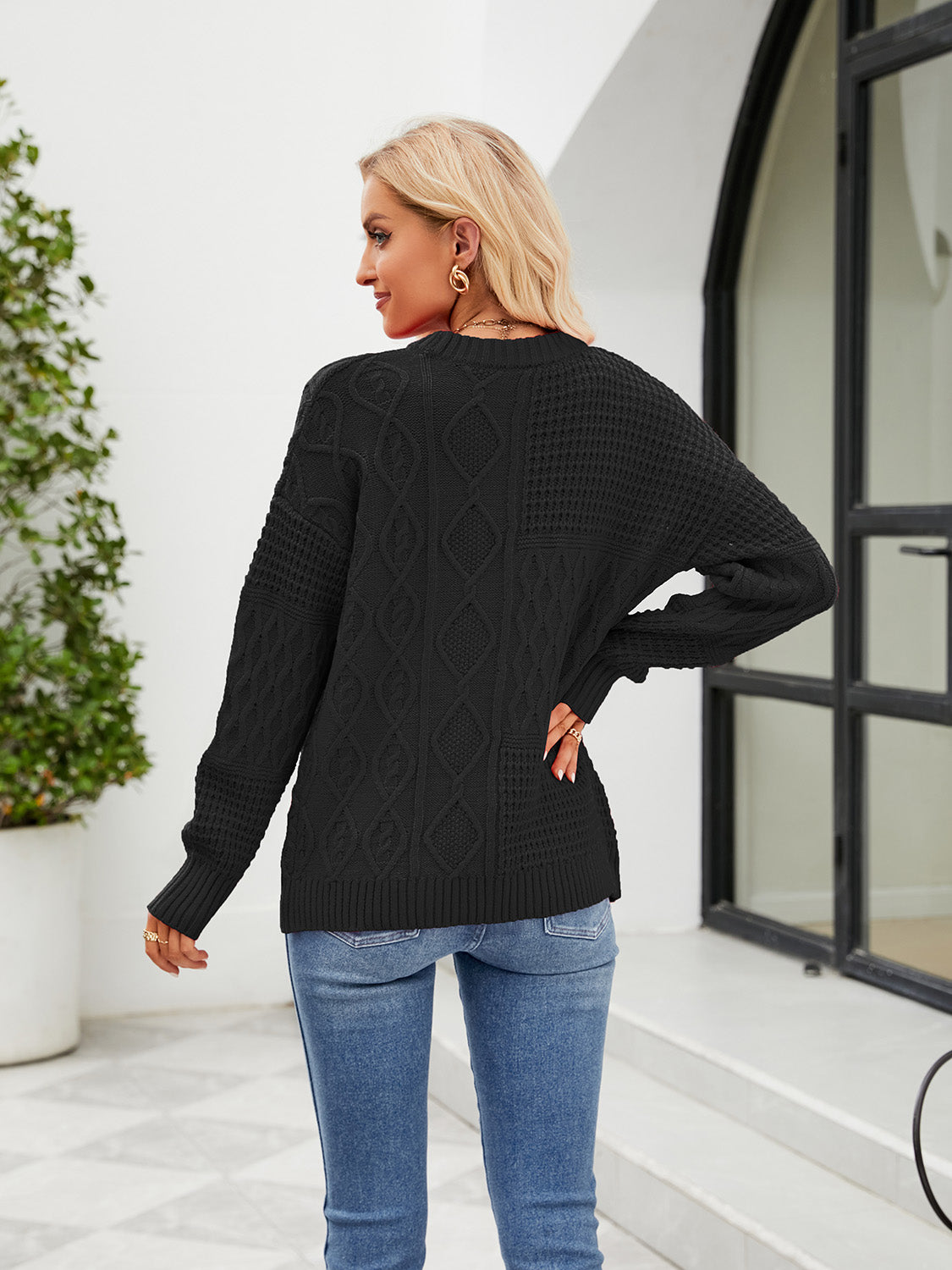 Round Neck Dropped Shoulder Sweater | Solid Acrylic Sweater With Long Sleeves