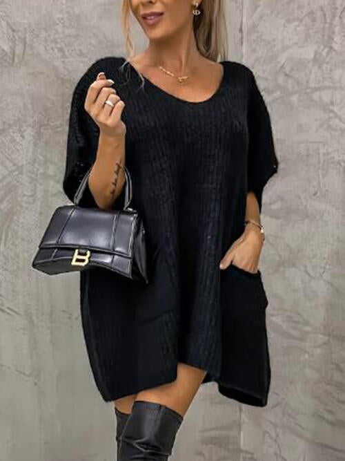 V-Neck Short Sleeve Sweater with Pockets | Casual Stretchy Polyester Sweater