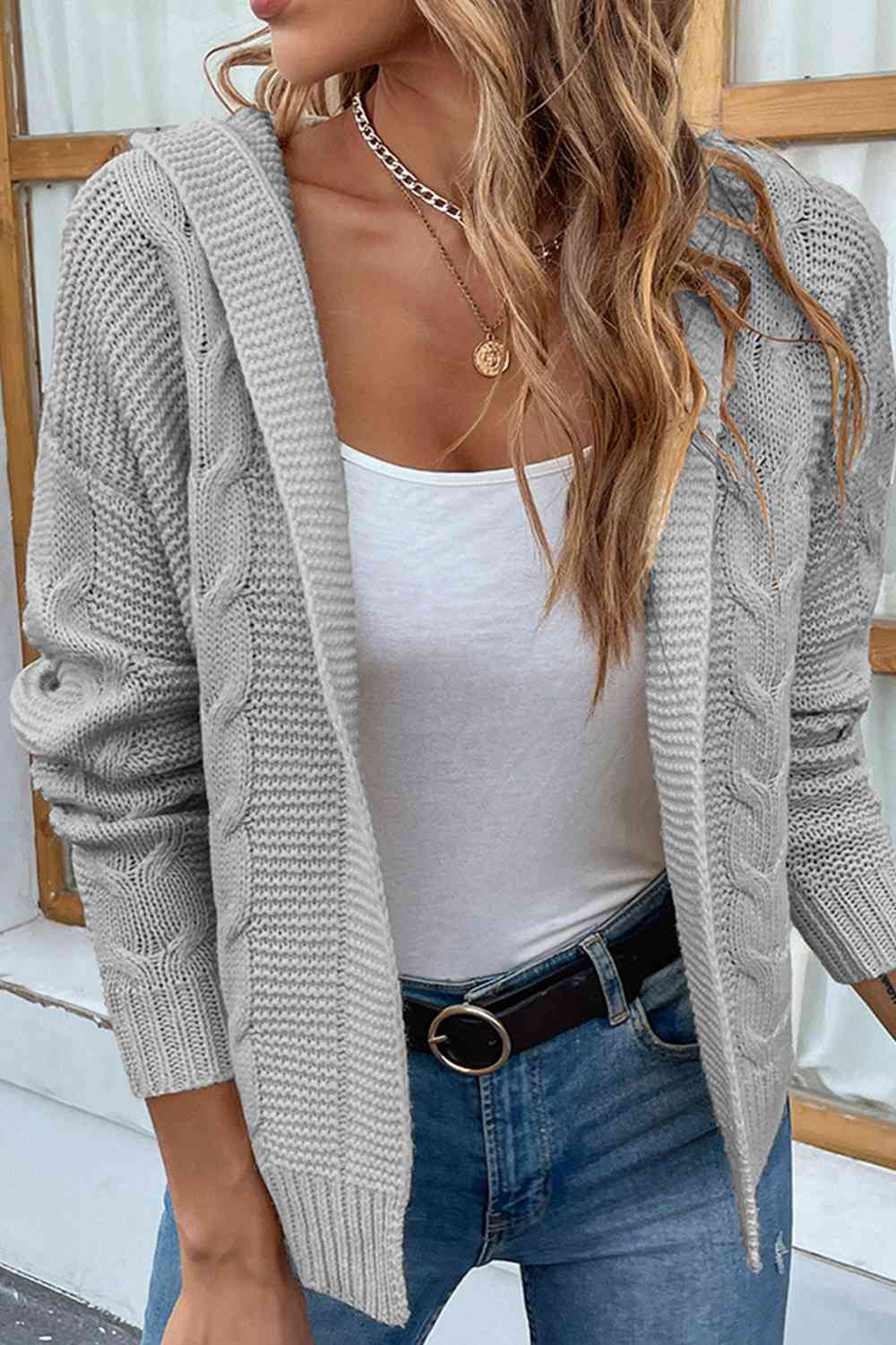 Cable-Knit Dropped Shoulder Hooded Cardigan | Casual Solid Ribbed Cardigan