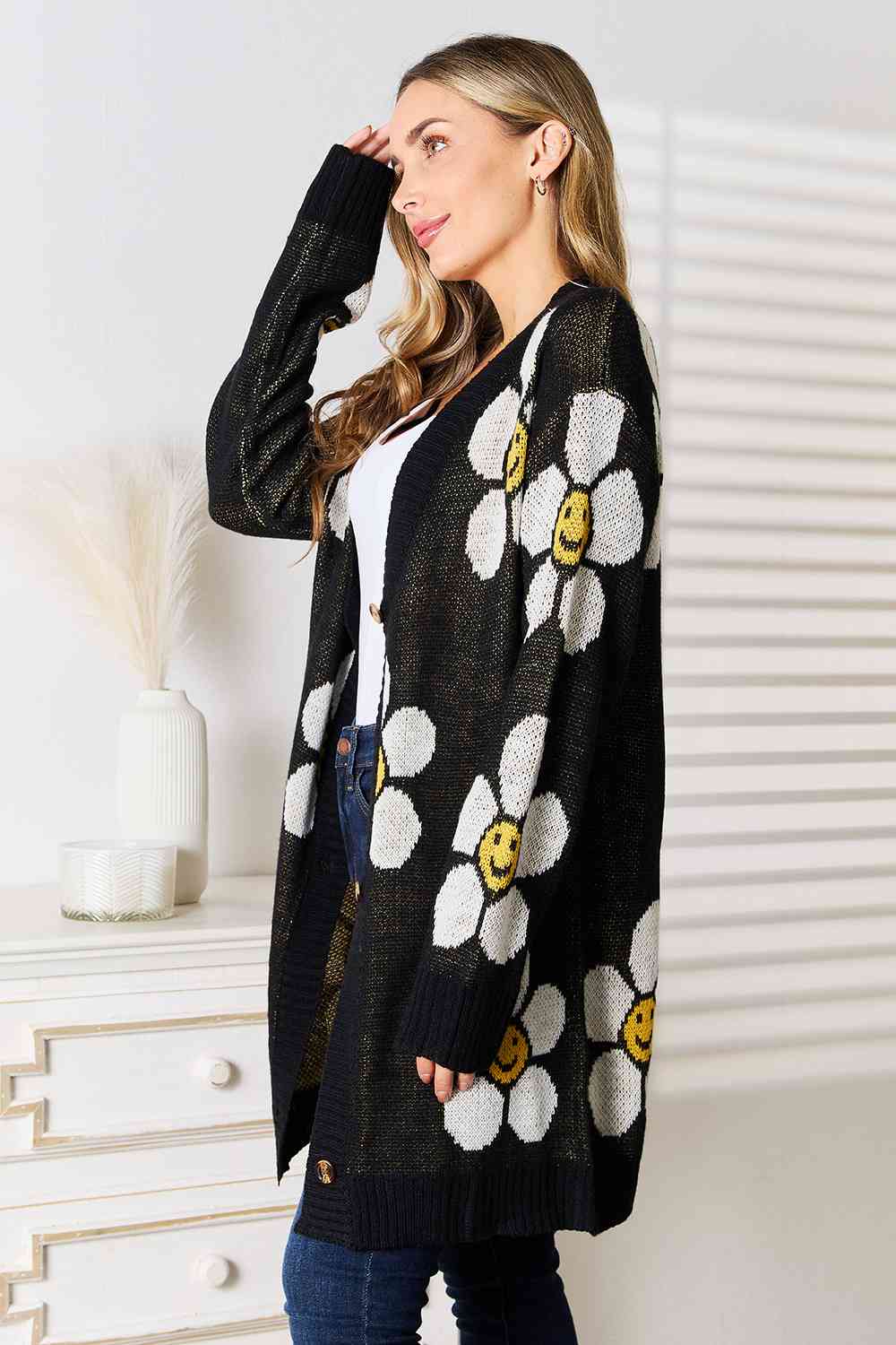 Double Take Floral Button Down Longline Cardigan | Casual Polyester Cardigan