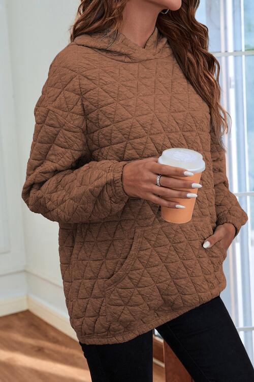 Quilted Long Sleeve Hoodie with Pocket | Polyester Hoodie With Cuffed Sleeves