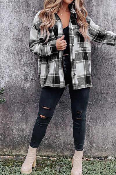 Plaid Pocketed Dropped Shoulder Coat | Casual Buttoned Coat With Collar Neck