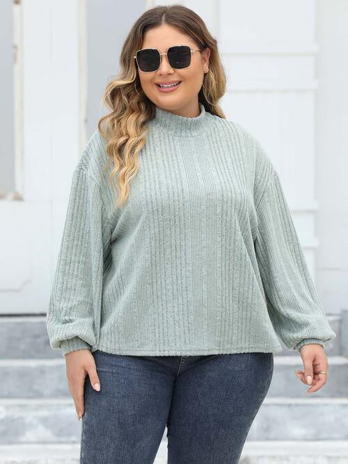 Plus Size Mock Neck Long Sleeve Knit Top | Polyester Top With Cuffed Sleeves