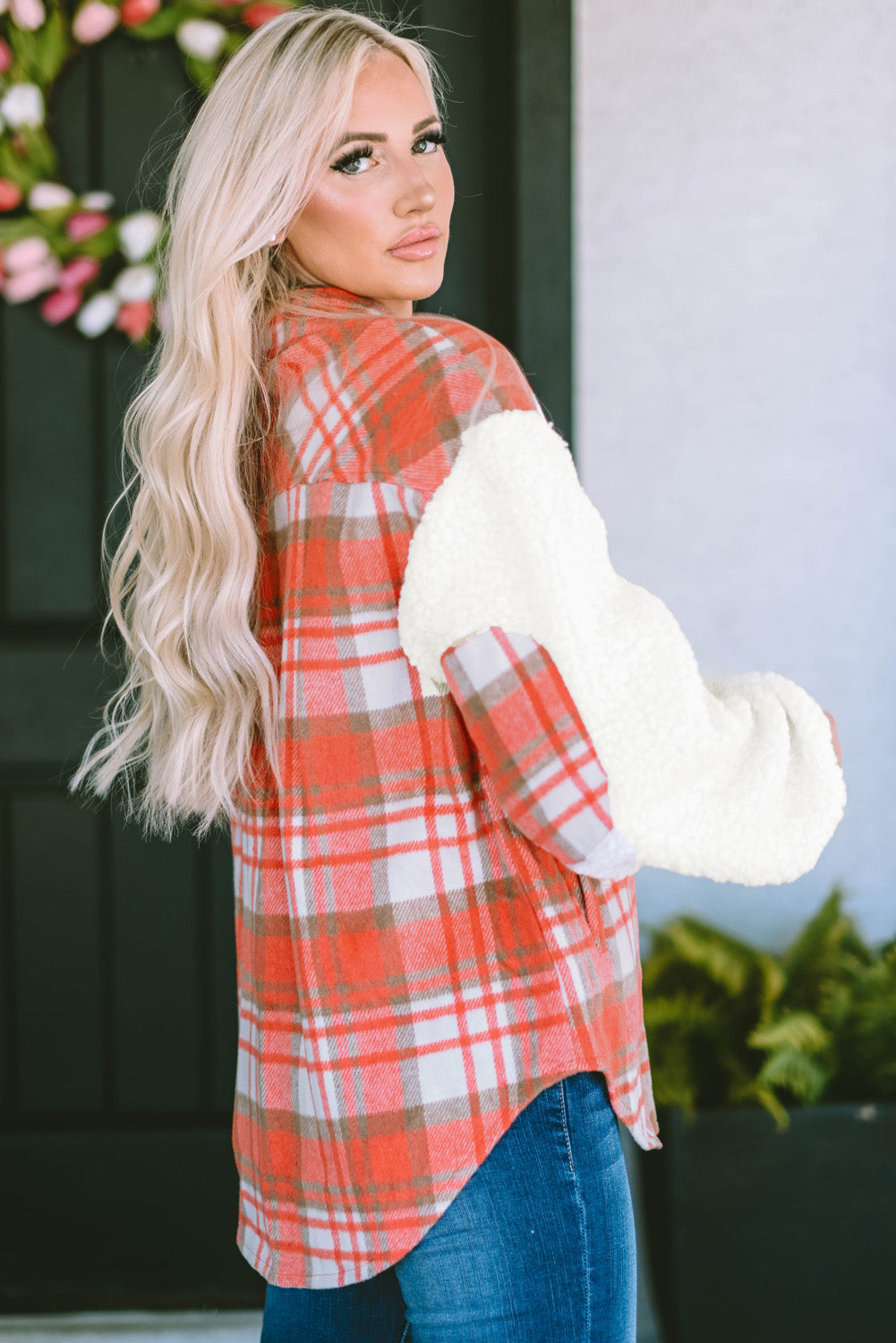 Plaid Button Down Jacket with Pockets | Casual Plaid Front White Sleeve Shacket