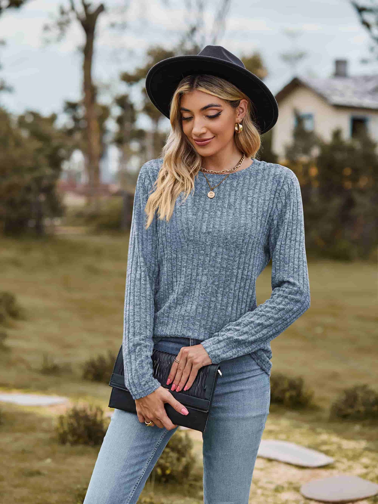 Ribbed Round Neck Long Sleeve Tee | Casual Heathered Solid Polyester Top