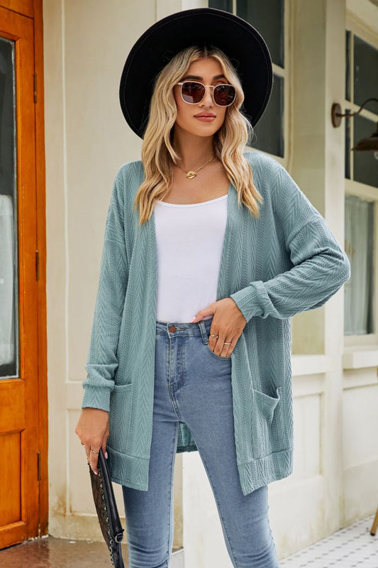 Long Sleeve Pocketed Cardigan | Polyester Solid Cardigan With Open Front Neck