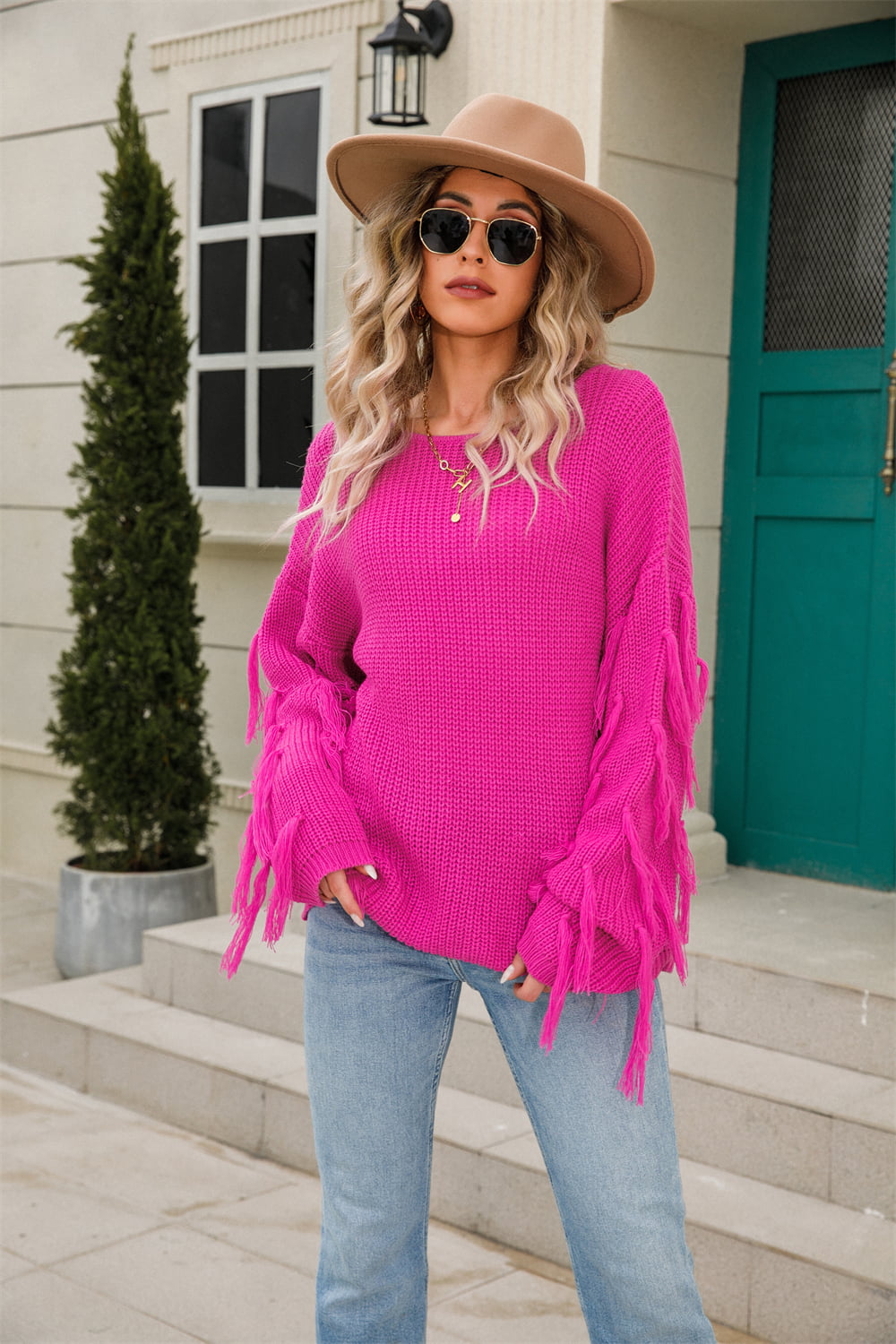 Ribbed Round Neck Fringe Detail Sweater | Solid Acrylic Sweater With Long Sleeve