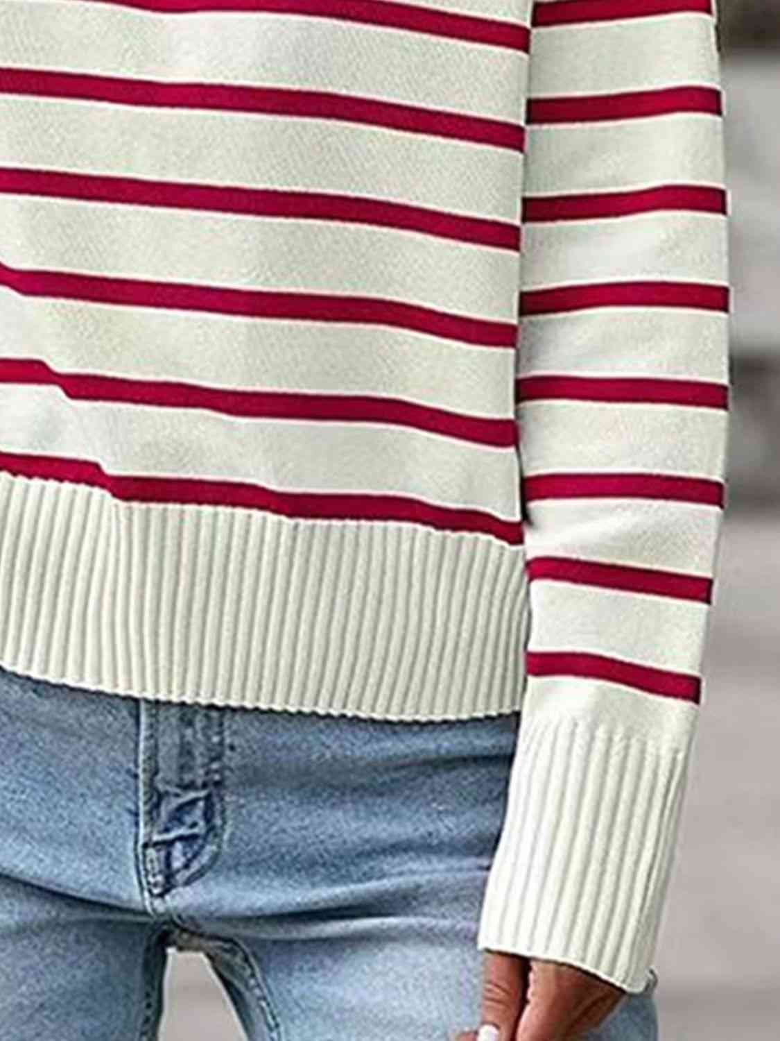 Striped Collared Neck Knit Top | Polyester Top With Ribbed Hem And Sleeves