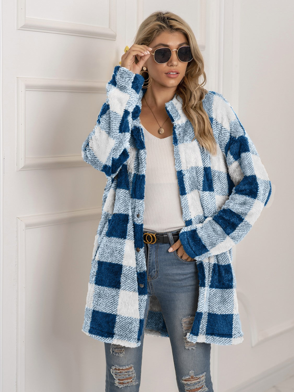 Plaid Collared Neck Longline Coat | Coat With Clasp Closure & Long Sleeves