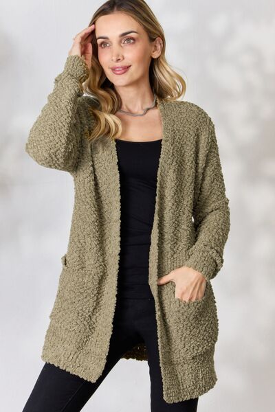 Zenana Falling For You Full Size Open Front Popcorn Cardigan | Pocketed Cardigan