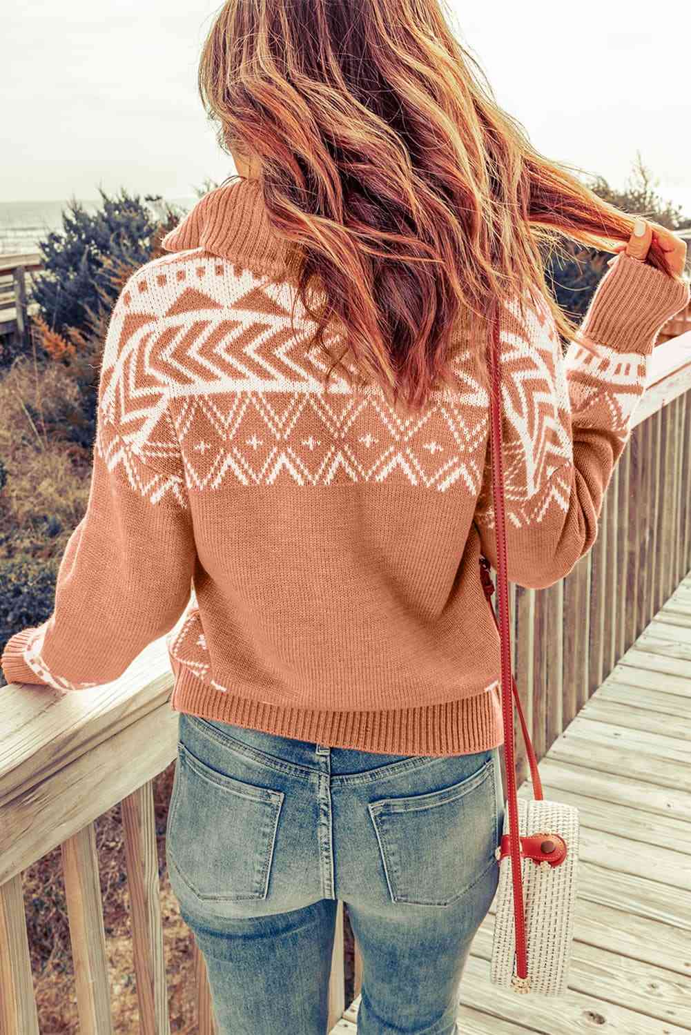 Zip-Up Mock Neck Dropped Shoulder Pullover Sweater | Casual Printed Sweater