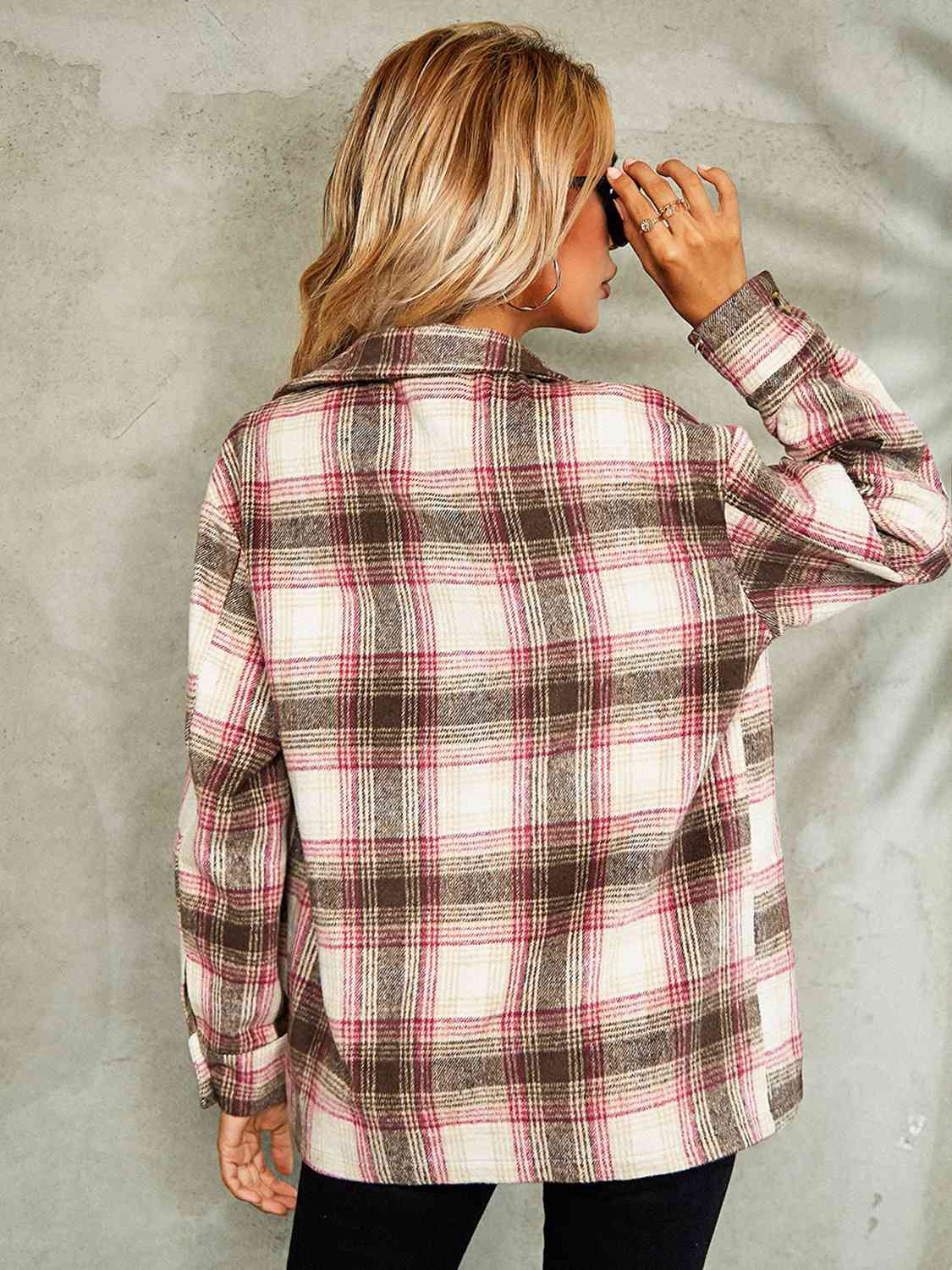 Plaid Button Down Collared Jacket | Woman's Casual Jacket With Chest Pockets