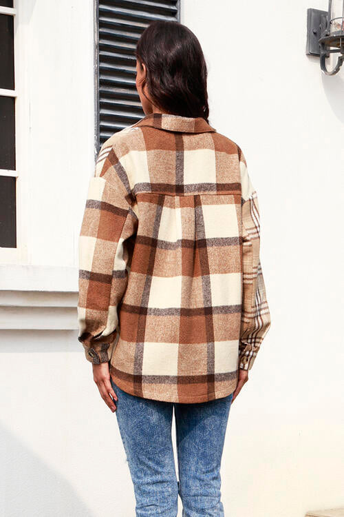 Plaid Button Up Collared Neck Long Sleeve Shacket | Casual Polyester Shacket