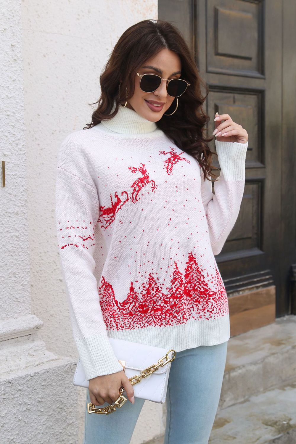 Reindeer & Snow Pattern Turtle Neck Pullover Sweater | Ribbed Acrylic Sweater