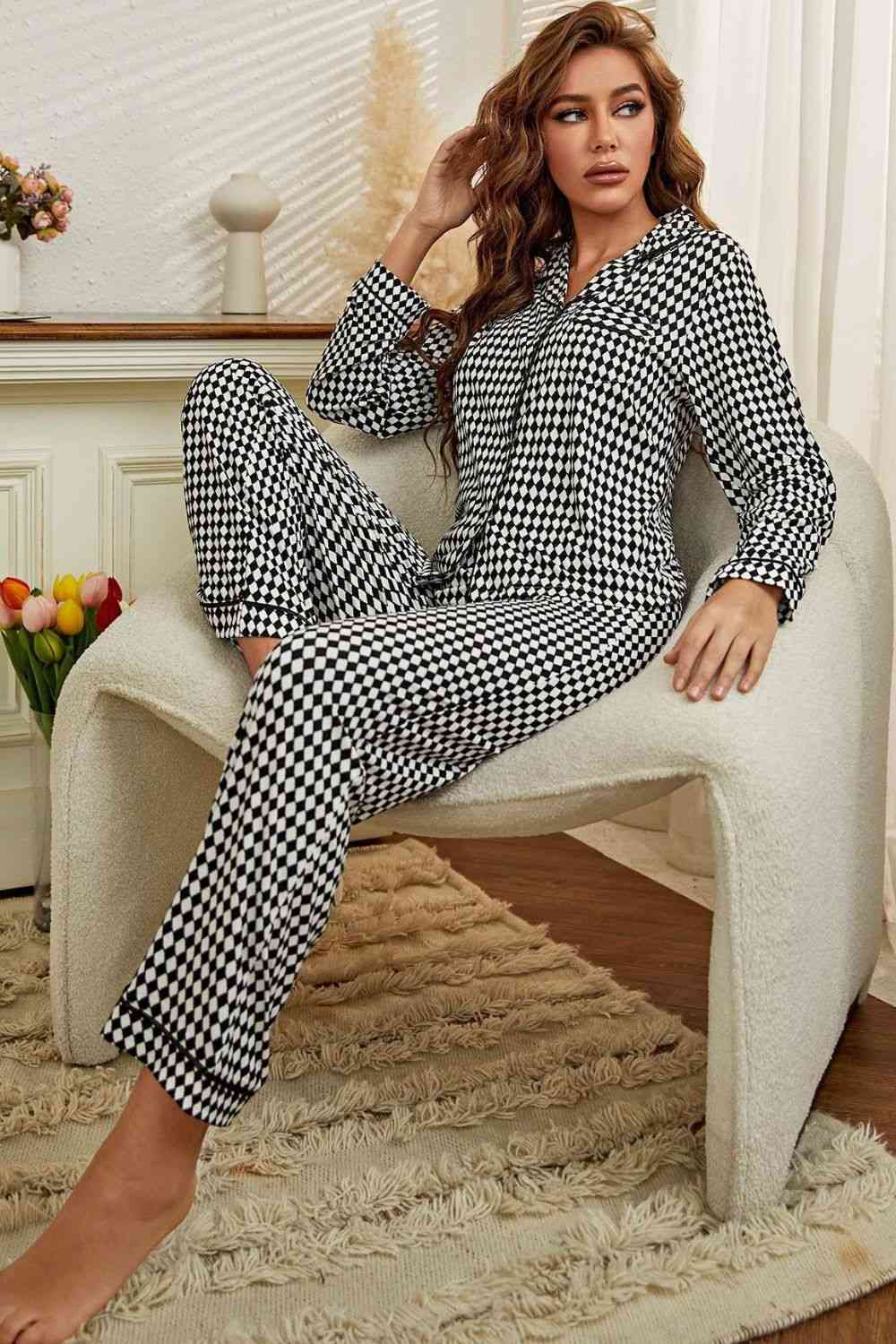 Checkered Button Front Top and Pants Loungewear Set | Woman's Polyester Set