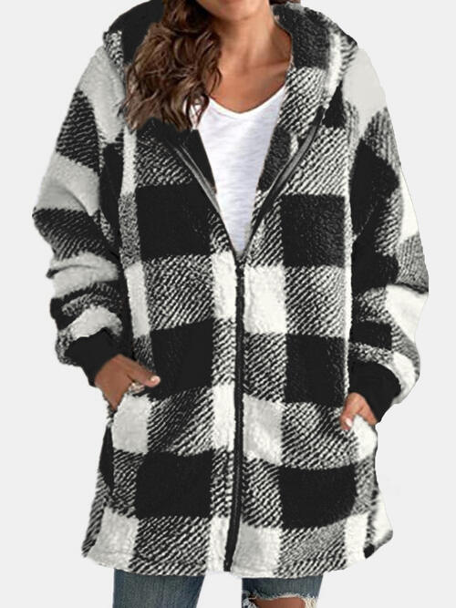 Plaid Zip Up Hooded Jacket with Pockets | Polyester Jacket With Cuffed Sleeves