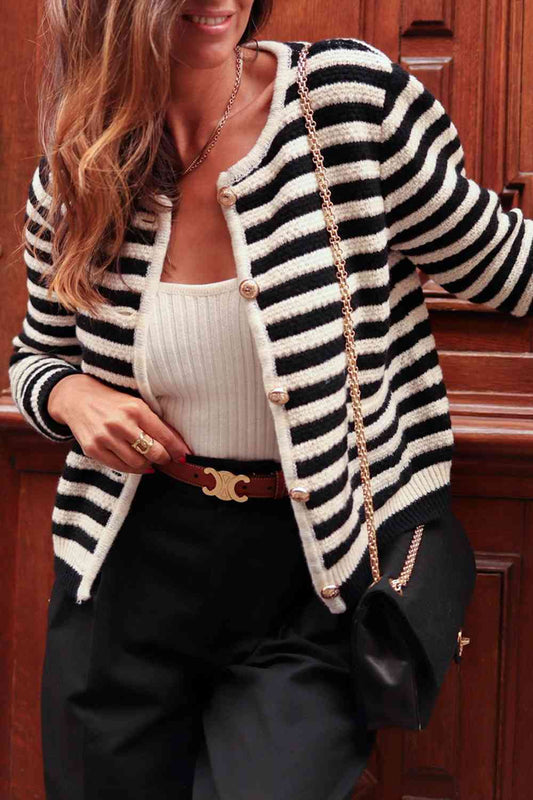 Striped Button Down Cardigan | Casual Round Neck Long Sleeves Cardigan