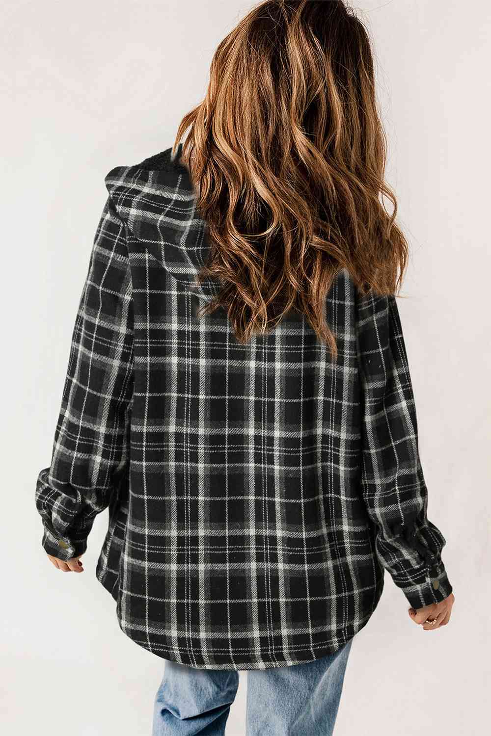 Plaid Snap Down Hooded Jacket | Casual Pocketed Jacket With Long Sleeves