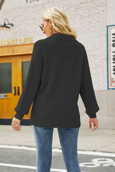 Ribbed Johnny Collar Pullover Sweater | Woman's Sweater With Cuffed Sleeves