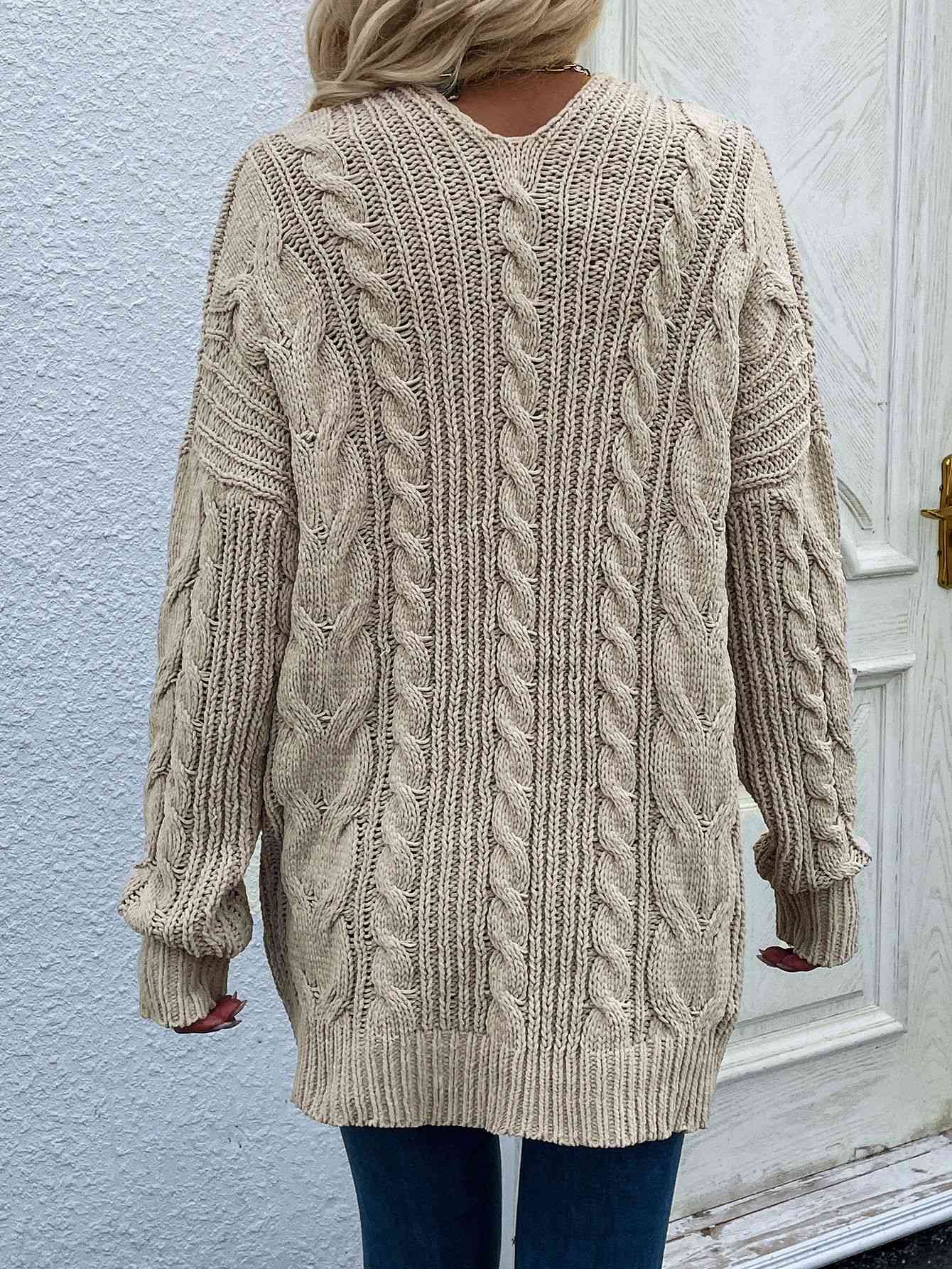 Woven Right Cable-Knit Open Front Cardigan with Front | Pockets Acrylic Cardigan