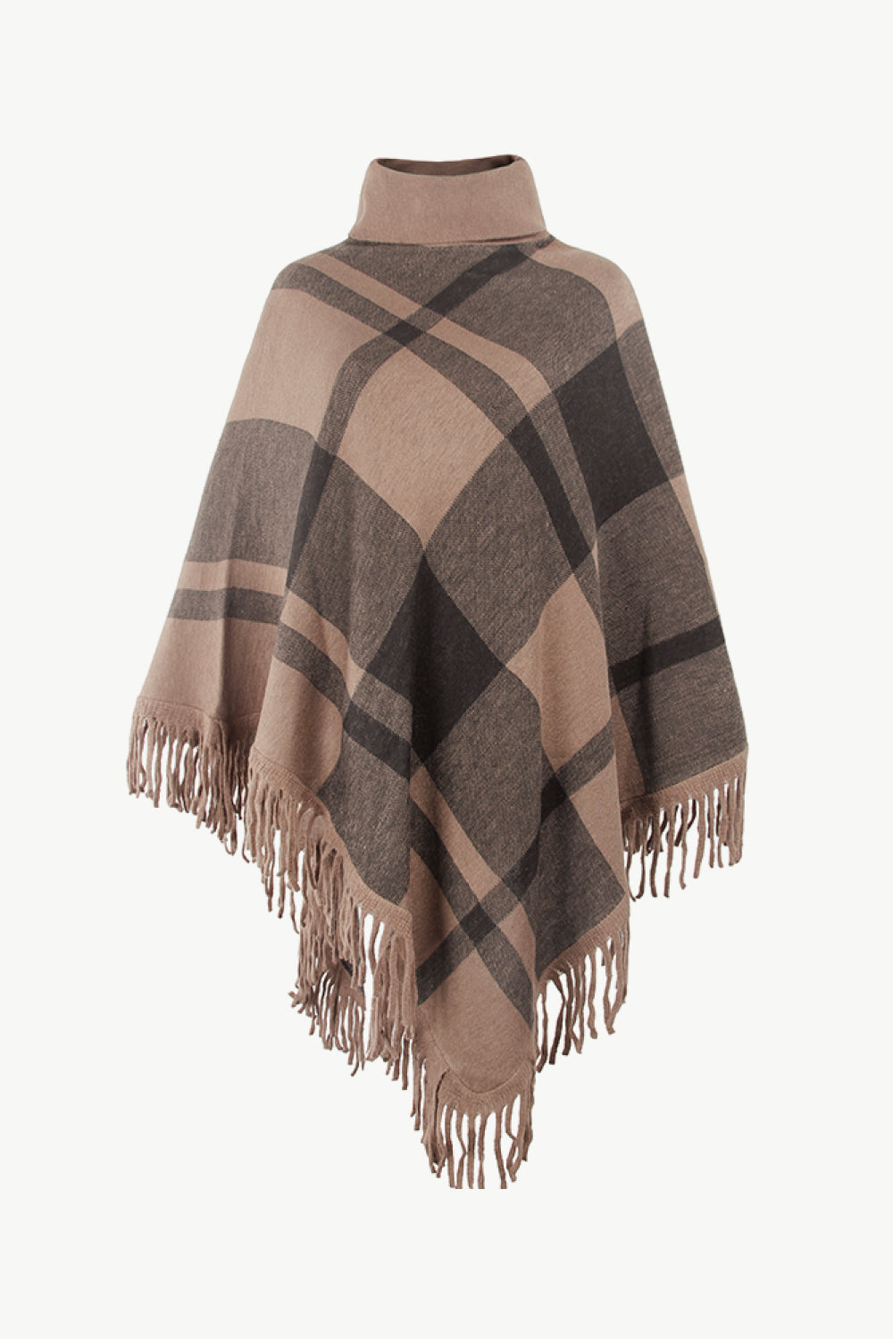 Plaid Turtleneck Fringe Hem Poncho | Trendy Casual Stretch Acrylic Poncho