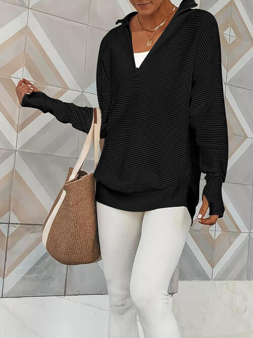 Half Zip Long Sleeve Knit Top | Casual Woman's Solid Stretchy Drop Shoulder Top