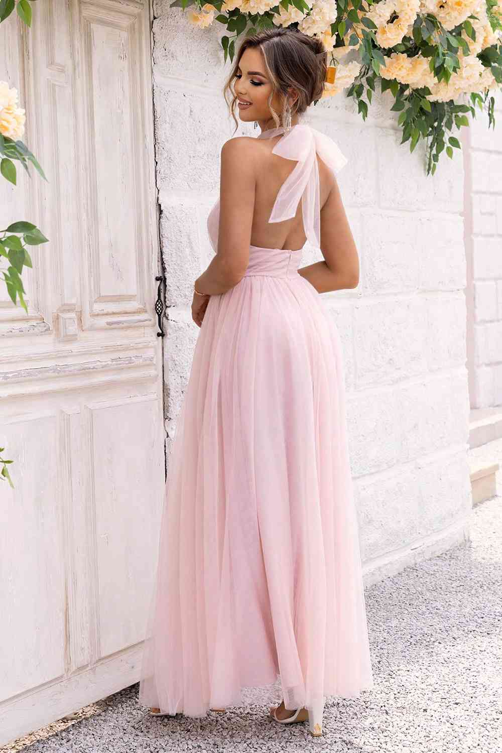 Halter Neck Backless Mesh Dress | Formal Maxi Sleeveless Prom A-Line Gown