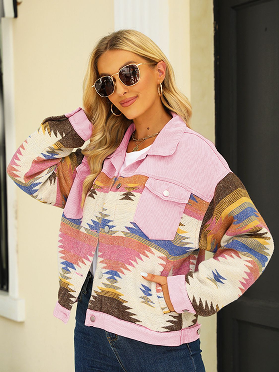 Printed Dropped Shoulder Long Sleeve Denim Jacket | Buttoned Jacket With Pockets