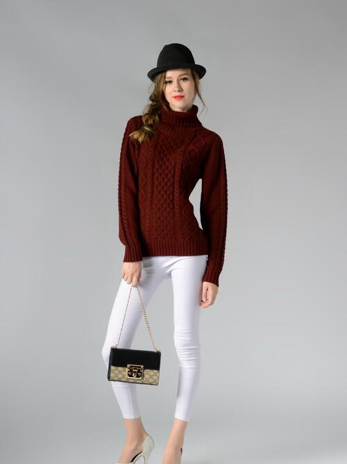 Cable-Knit Turtleneck Long Sleeve Sweater | Woman's Casual Acrylic Sweater