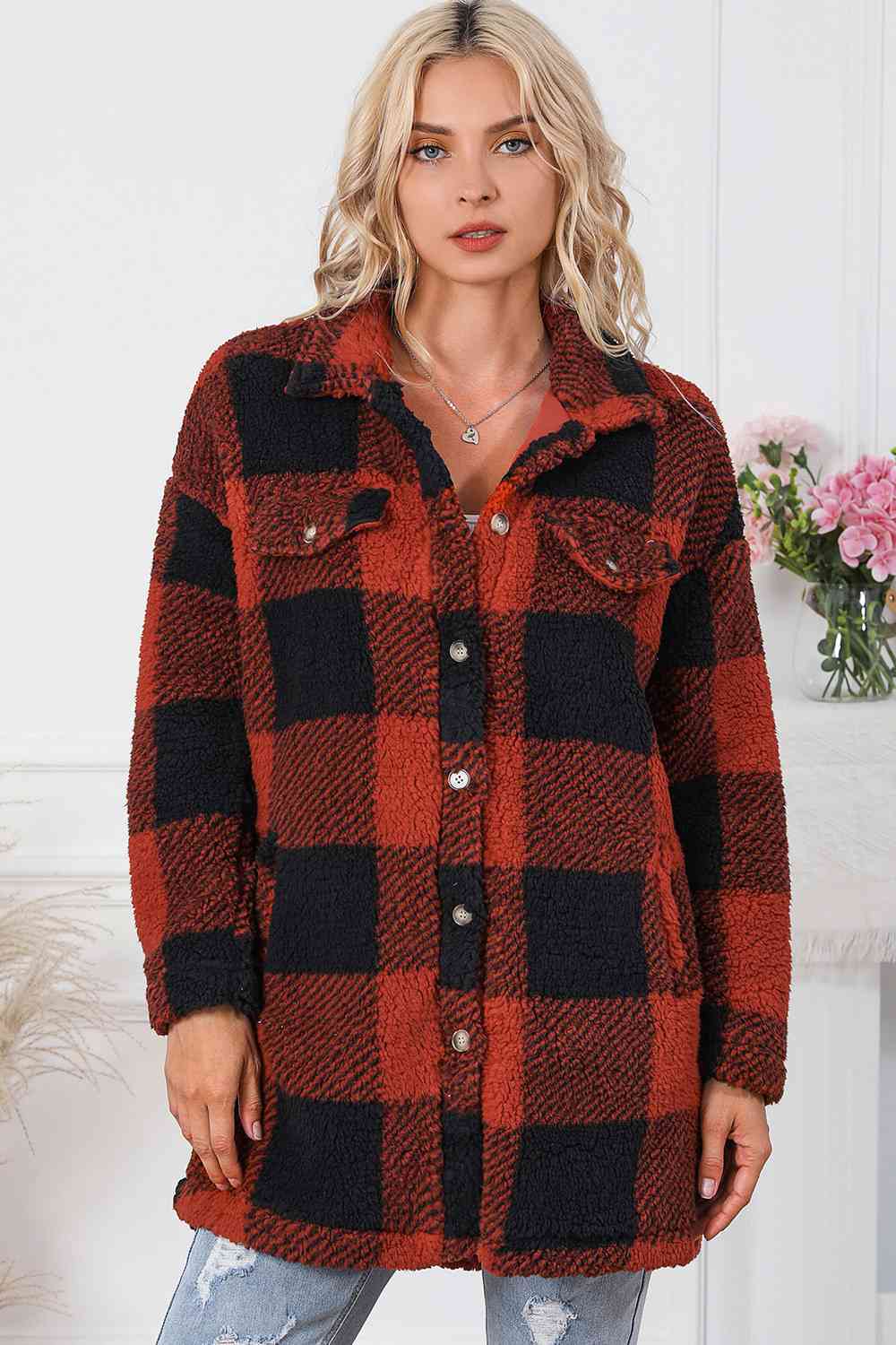 Plaid Button Down Coat with Pockets | Casual Woman's Collar Neck Polyester Coat