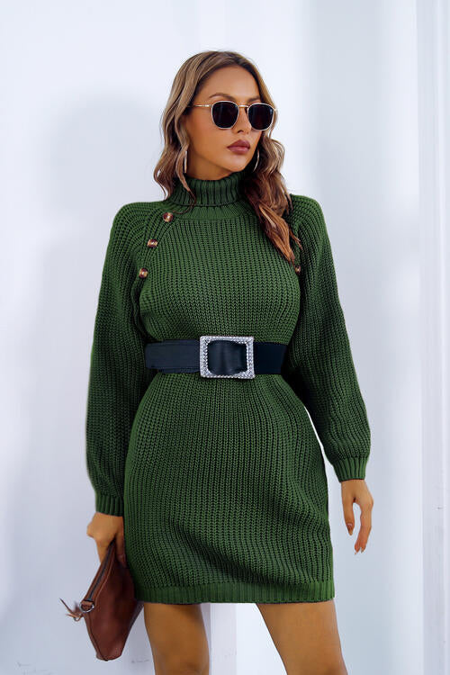 Buttoned Turtleneck Long Sleeve Sweater Dress | Solid Mini Acrylic Dress